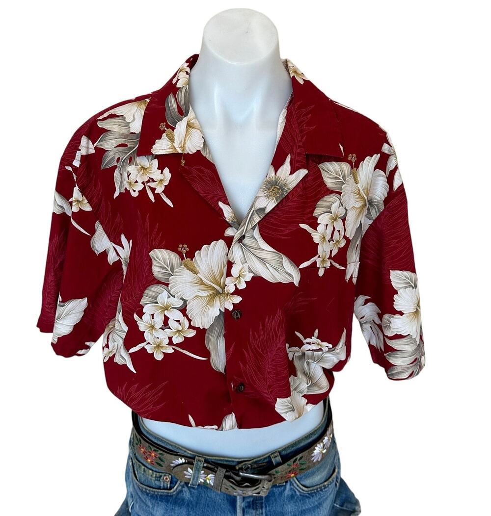 Hawaiian Shirt Button Down Crop Top One Size Boxy Coconutgirl Sunset Cotton Red